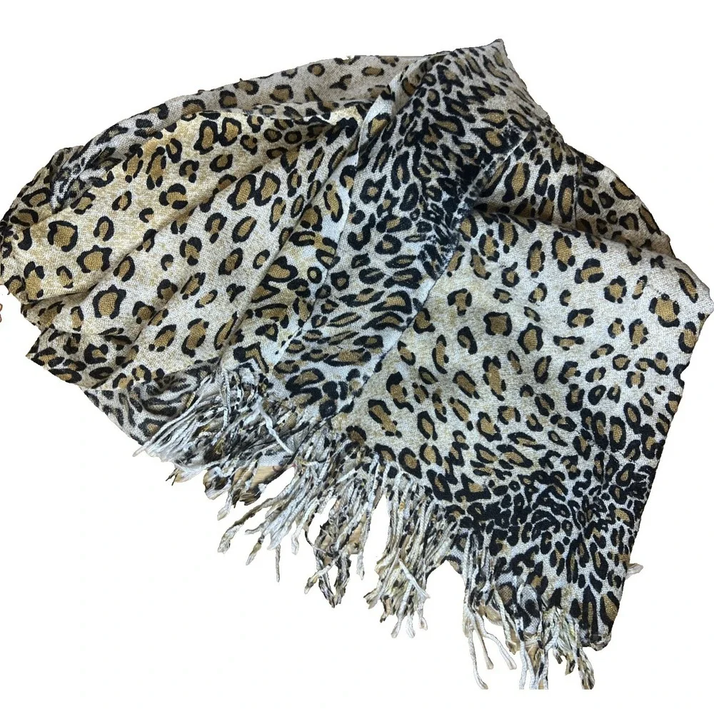 Leopard Cheetah Soft Neck Scarf/Shawl Black‎ Brown Tan with Fringe 66 X 28